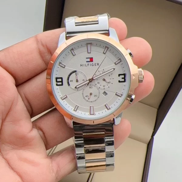 First Copy Men Chronograph White Dial Silver Rose Gold Strap Watch