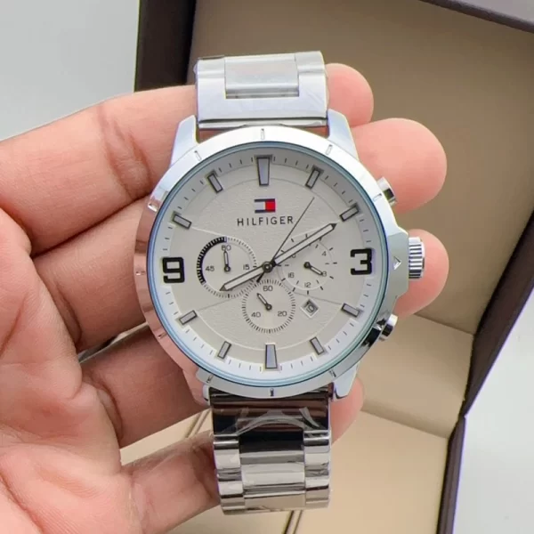 First Copy Men Chronograph White Dial Silver Strap Watch