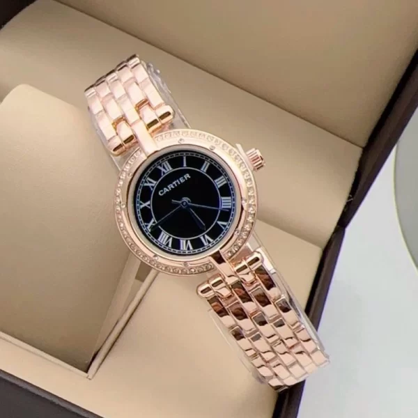 First Copy Panthere Vendome Ladies Quartz Black Dial Rose Gold Strap Watch