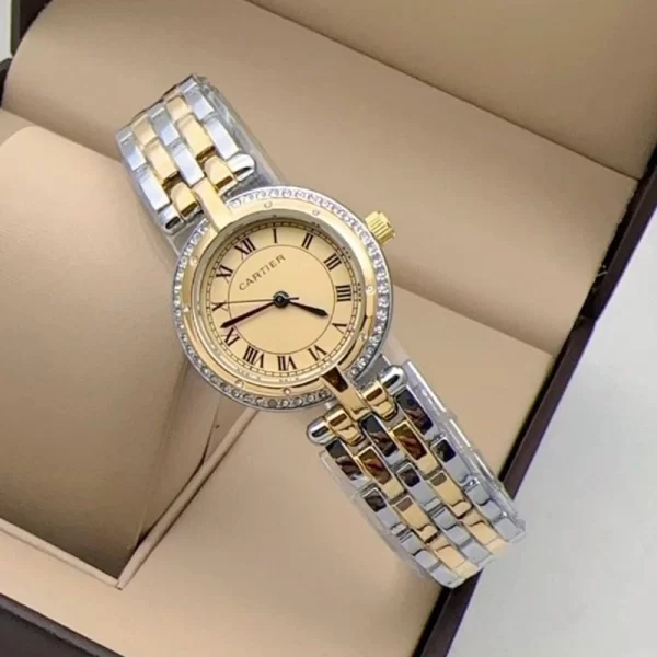 First Copy Panthere Vendome Ladies Quartz Gold Dial Silver Gold Strap Watch