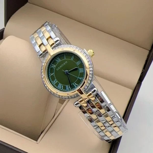 First Copy Panthere Vendome Ladies Quartz Green Dial Silver Gold Strap Watch