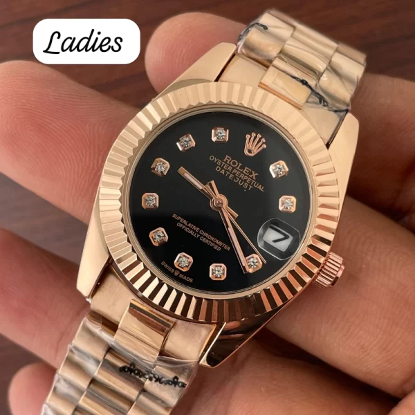 First Copy Perpetual Ladies Black Dial Rose Gold Strap Watch