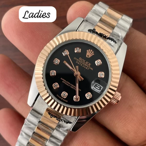 First Copy Perpetual Ladies Black Dial Silver Rose Gold Strap Watch