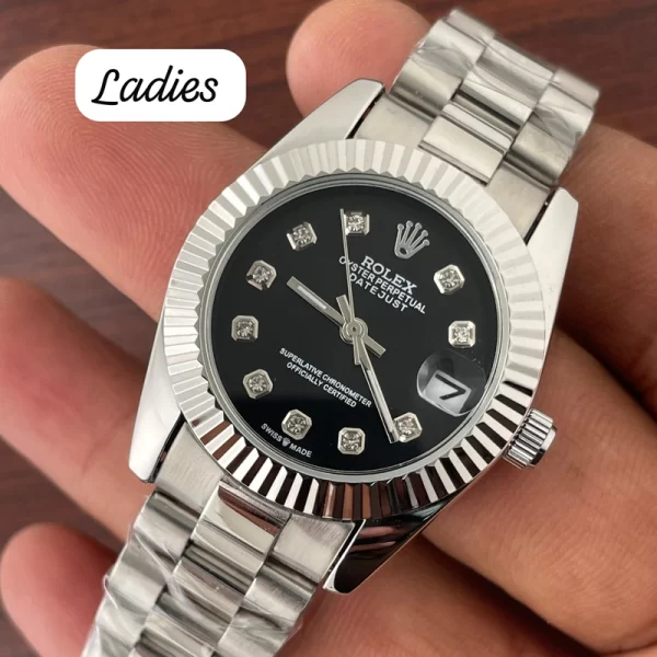 First Copy Perpetual Ladies Black Dial Silver Strap Watch