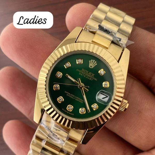 First Copy Perpetual Ladies Green Dial Gold Strap Watch