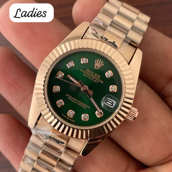 First Copy Perpetual Ladies Green Dial Rose Gold Strap Watch