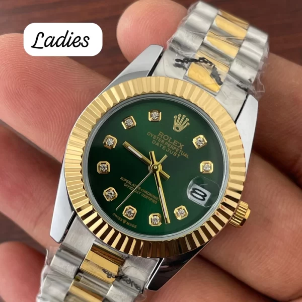 First Copy Perpetual Ladies Green Dial Silver Gold Strap Watch