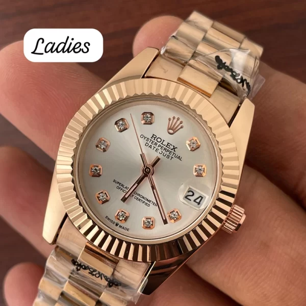 First Copy Perpetual Ladies Silver Dial Rose Gold Strap Watch