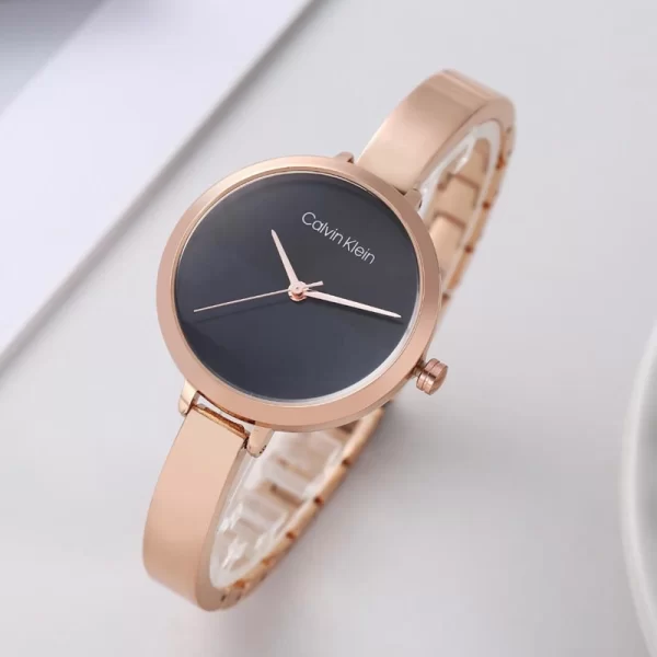 First Copy Rise Quartz Girls Black Dial Rose Gold Strap Watch