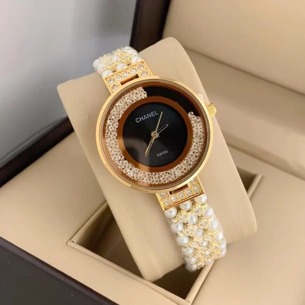 First Copy Round Ladies Pearl Black Dial Gold Strap Watch