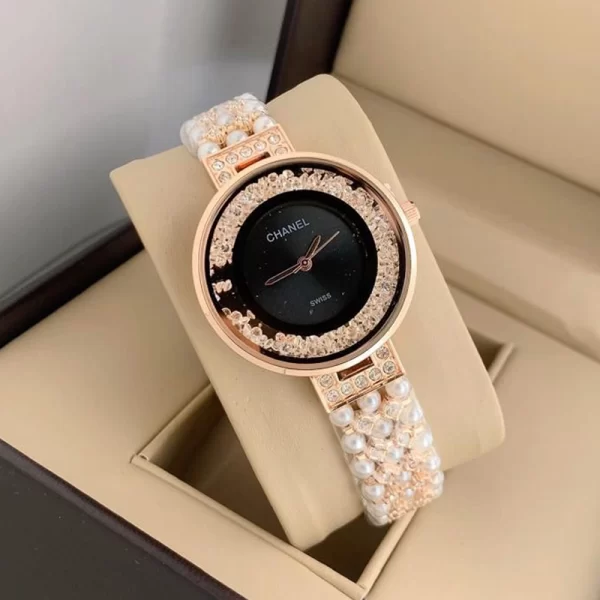 First Copy Round Ladies Pearl Black Dial Rose Gold Strap Watch