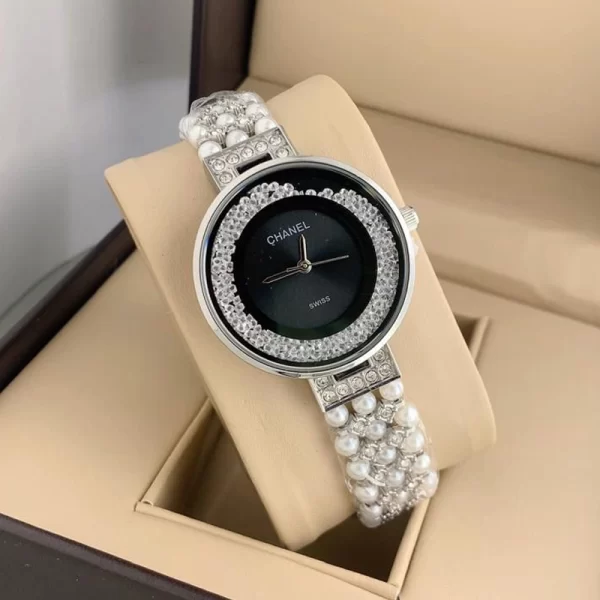 First Copy Round Ladies Pearl Black Dial Silver Strap Watch