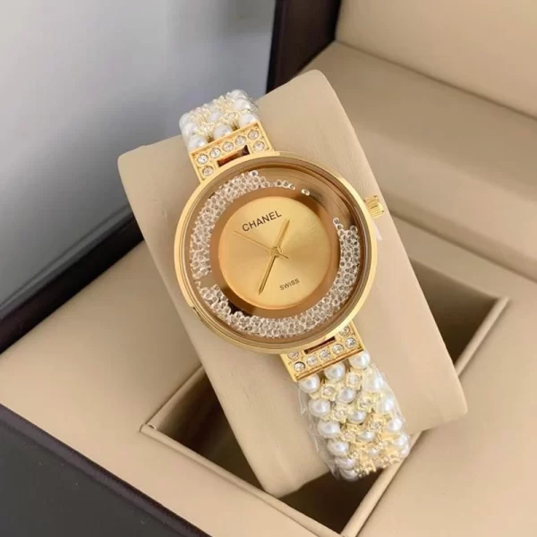 First Copy Round Ladies Pearl Gold Dial Gold Strap Watch