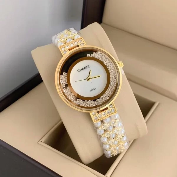 First Copy Round Ladies Pearl White Dial Gold Strap Watch