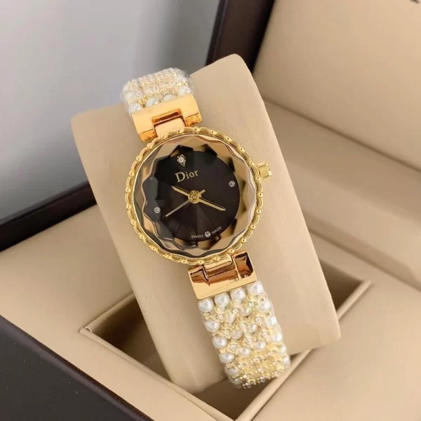 First Copy Round Pearl Black Dial Gold Strap Watch For Female