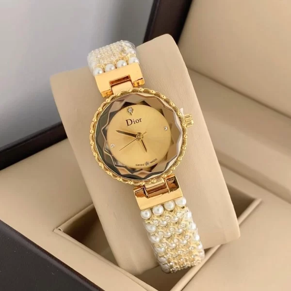 First Copy Round Pearl Gold Dial Gold Strap Watch For Female