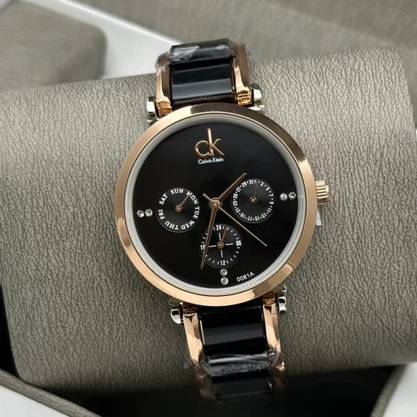 First Copy The City Engraved Ladies Black Dial Black Strap Watch