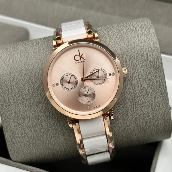 First Copy The City Engraved Ladies Rose Gold Dial Rose Gold White Strap Watch