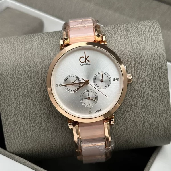 First Copy The City Engraved Ladies Silver Dial Rose Gold Strap Watch