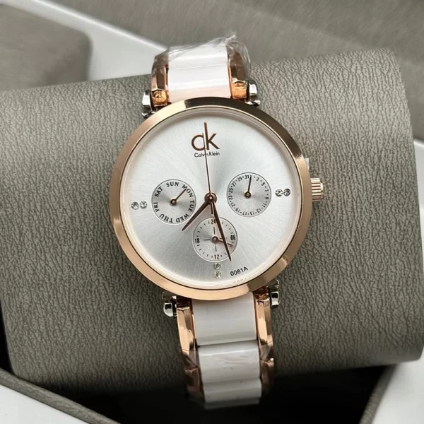 First Copy The City Engraved Ladies Silver Dial Rose Gold White Strap Watch