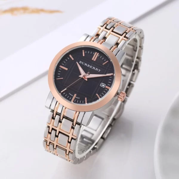 First Copy Trendy Women Black Dial Rose Gold Silver Strap Watch