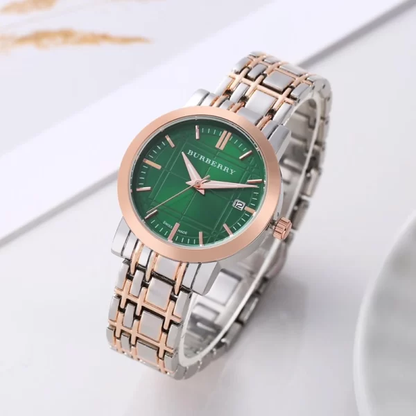 First Copy Trendy Women Green Dial Rose Gold Silver Strap Watch