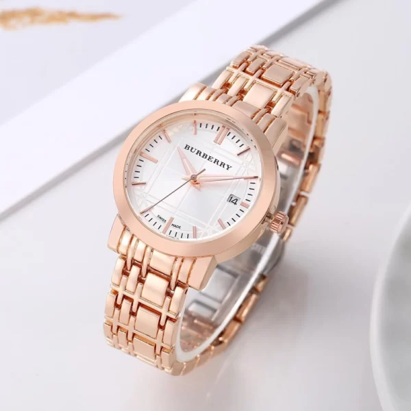 First Copy Trendy Women Silver Dial Rose Gold Strap Watch