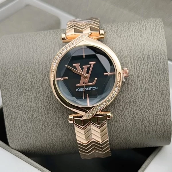 First Copy Well Crafted Female Black Dial Rose Gold Strap Watch