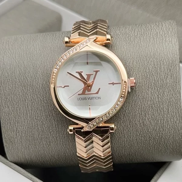 First Copy Well Crafted Female White Dial Rose Gold Strap Watch