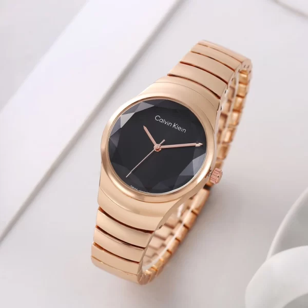 Women Stylish First Copy Black Dial Rose Gold Strap Quartz Watch