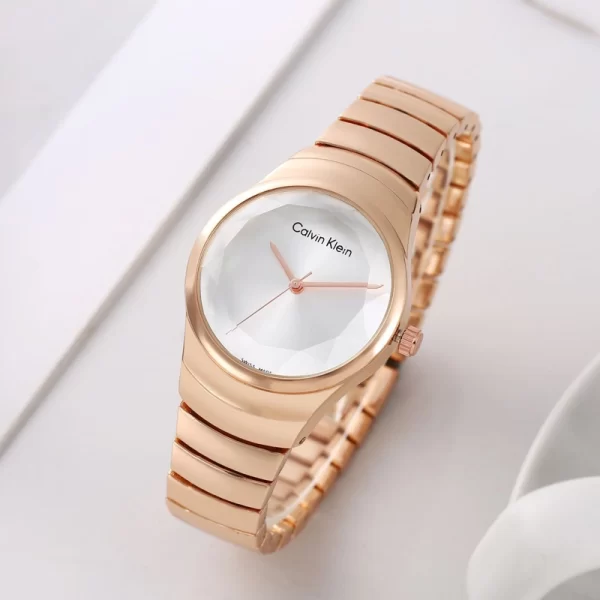 Women Stylish First Copy White Dial Rose Gold Strap Quartz Watch