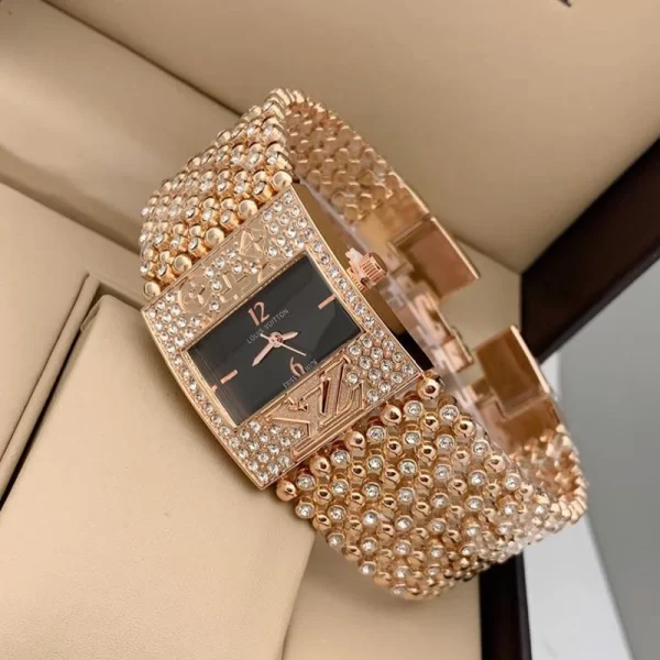 First Copy Black Dial Broad Diamond Rose Gold Strap Women Watch