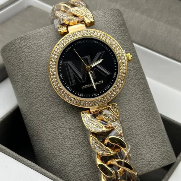 First Copy Black Dial Diamond Studded Gold Strap Ladies Watch