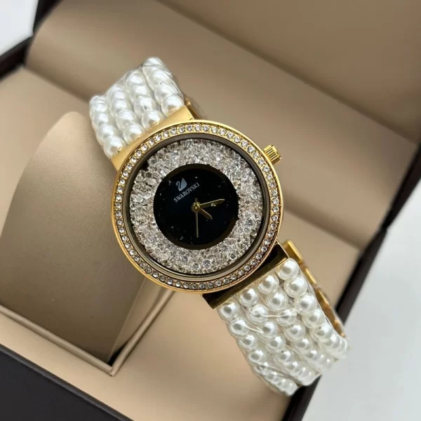 First Copy Black Gold Dial Pearl Strap Women Watch