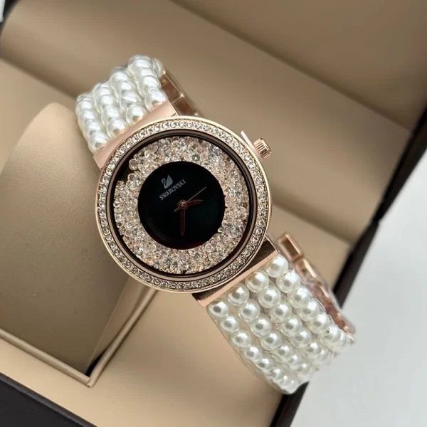 First Copy Black Rose Gold Dial Pearl Strap Women Watch