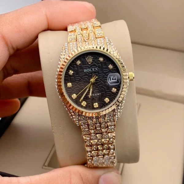 First Copy Datejust Female Black Dial Gold Strap Watch