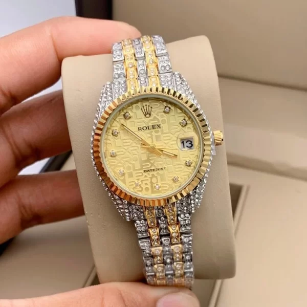 First Copy Datejust Female Gold Dial Silver Gold Strap Watch