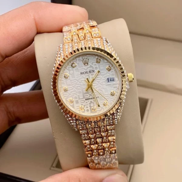 First Copy Datejust Female White Dial Gold Strap Watch