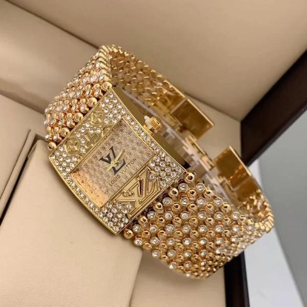 First Copy Diamond Gold Dial And Broad Gold Strap Watch For Ladies