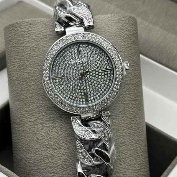 First Copy Diamond Studded Dial And Strap Silver Watch For Women