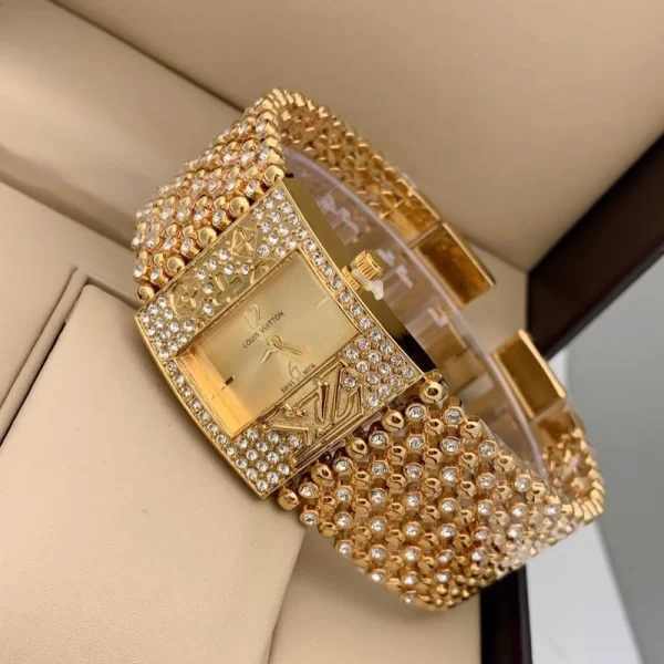 First Copy Gold Dial Broad Diamond Gold Strap Women Watch