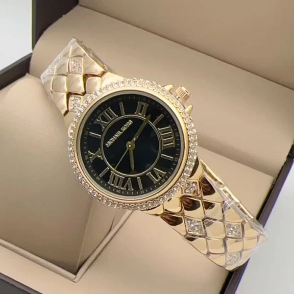 First Copy Roman Number Black Dial Gold Strap Watch For Girls