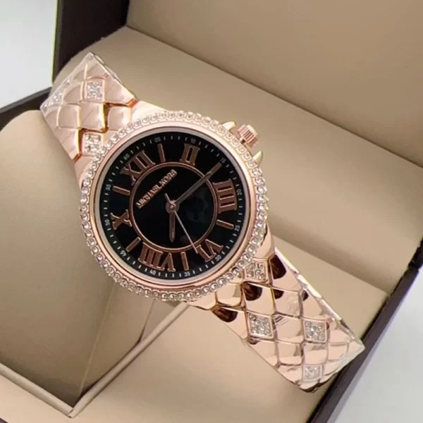 First Copy Roman Number Black Dial Rose Gold Strap Watch For Girls