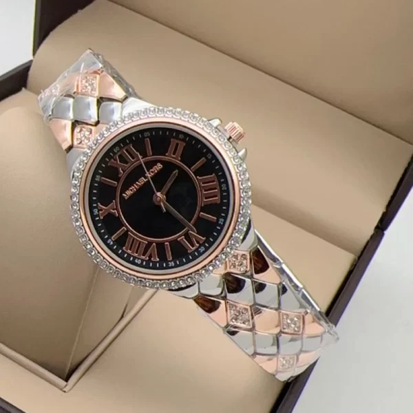 First Copy Roman Number Black Dial Silver Rose Gold Strap Watch For Girls