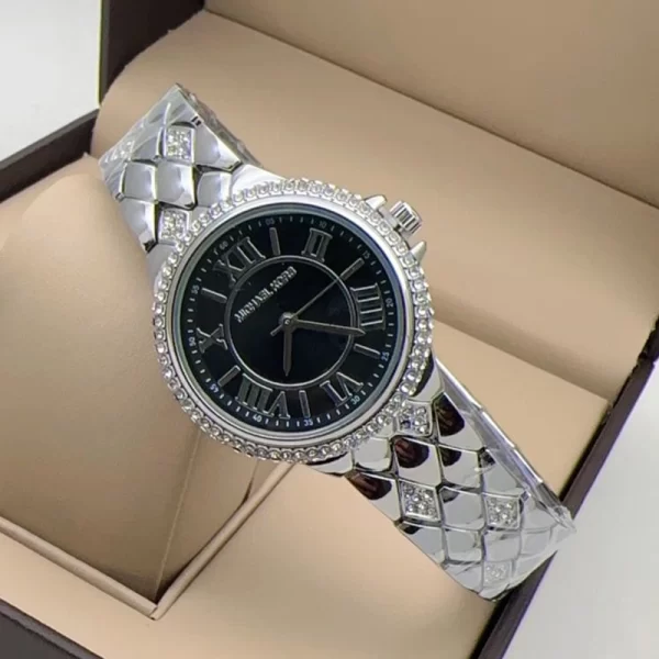 First Copy Roman Number Black Dial Silver Strap Watch For Girls