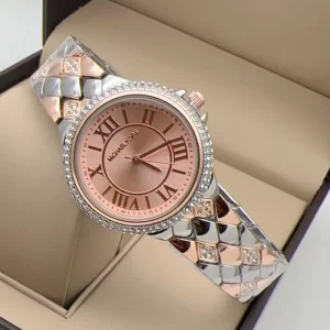 First Copy Roman Number Rose Gold Dial Silver Rose Gold Strap Watch For Girls