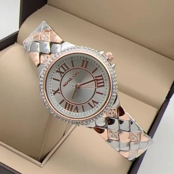 First Copy Roman Number Silver Dial Silver Rose Gold Strap Watch For Girls