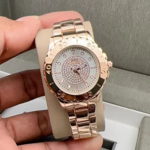 First Copy Runway Round Female Sliver Dial Rose Gold Strap Watch