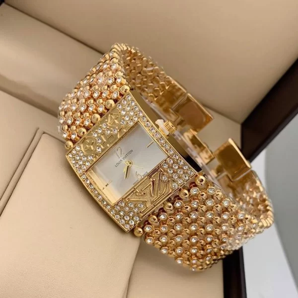 First Copy Silver Dial Broad Diamond Gold Strap Women Watch