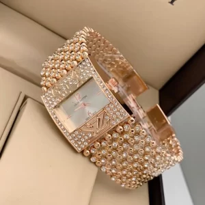 First Copy Silver Dial Broad Diamond Rose Gold Strap Women Watch